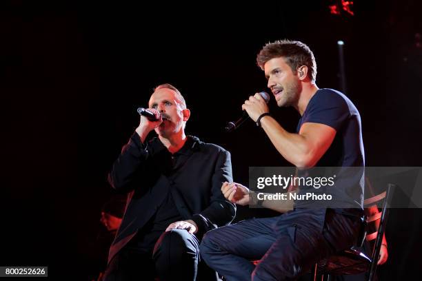 Pablo Alboran and Miguel Bose performs during his concert in Madrid at the Palacio de los Deportes. June 23, 2017