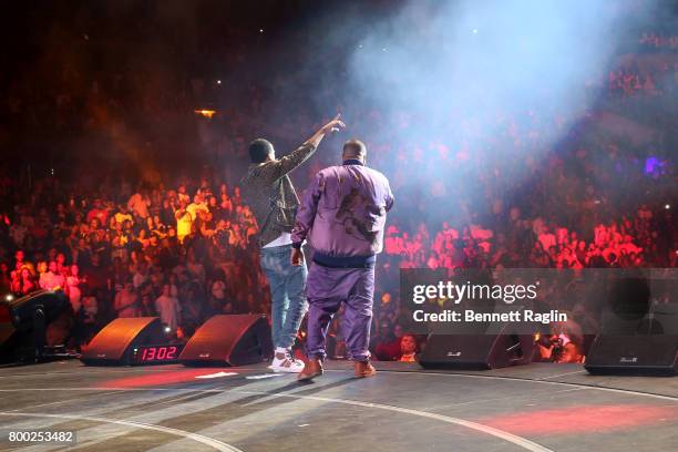 Khaled and French Montana perform onstage at night two of the STAPLES Center Concert, presented by Coca-Cola, during the 2017 BET Experience at LA...