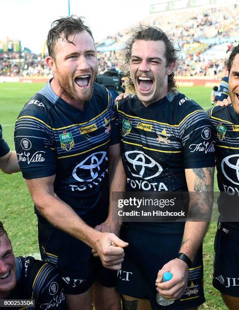 Gavin Cooper and Ethan Lowe of the Cowboys during the round 16 NRL match between the North Queensland Cowboys and the Penrith Panthers at 1300SMILES...