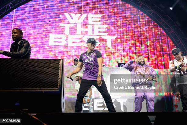Khaled and Ricky Bell, Michael Bivins and Ronnie DeVoe of Bell Biv Devoe perform onstage at night two of the STAPLES Center Concert, presented by...