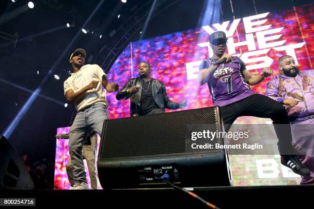 Algee Smith, Ricky Bell and Ronnie DeVoe of Bell Biv Devoe and DJ Khaled perform onstage at night two of the STAPLES Center Concert, presented by...