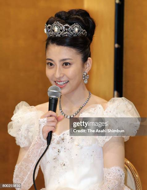 Former TV anchor Mao Kobayashi speaks at the press conference after her wedding to Actor Ebizo Ichikawa on July 29, 2010 in Tokyo, Japan.