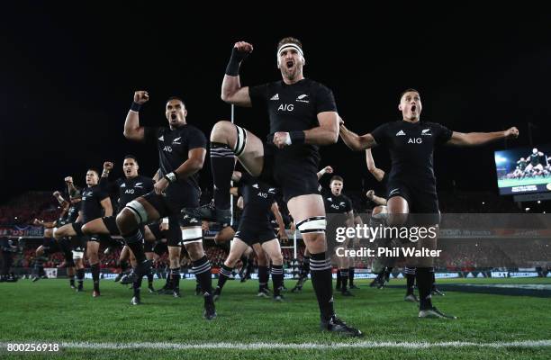 Kieran Read of the All Blacks performs the Haka with his team during the first test match between the New Zealand All Blacks and the British & Irish...