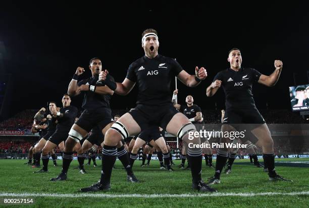 Kieran Read of the All Blacks performs the Haka with his team during the first test match between the New Zealand All Blacks and the British & Irish...