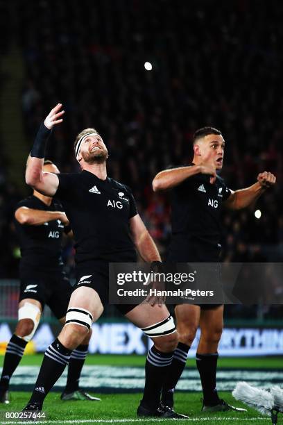 Jerome Kaino, Kieran Read and Israel Dagg of the All Blacks perform the Haka prior to kickoff during the first test match between the New Zealand All...