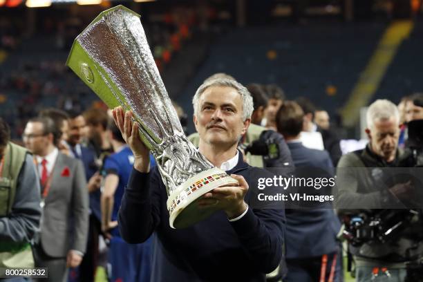 Coach Jose Mourinho of Manchester United with the Coupe UEFA, the UEFA cup, the Europa League trophyduring the UEFA Europa League final match between...