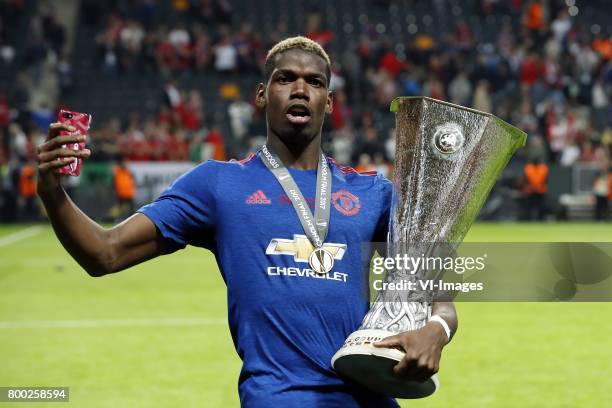 Paul Pogba of Manchester United with the Coupe UEFA, the UEFA cup, the Europa League trophyduring the UEFA Europa League final match between Ajax...