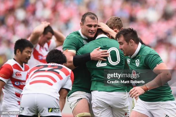 Sean Reidy of Ireland celebrates scoring a try with team mates during the international rugby friendly match between Japan and Ireland at Ajinomoto...