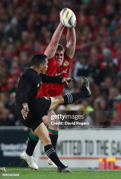 Aaron Smith of the All Blacks has his kick charged down by Tadhg Furlong of the Lions during the first test match between the New Zealand All Blacks...