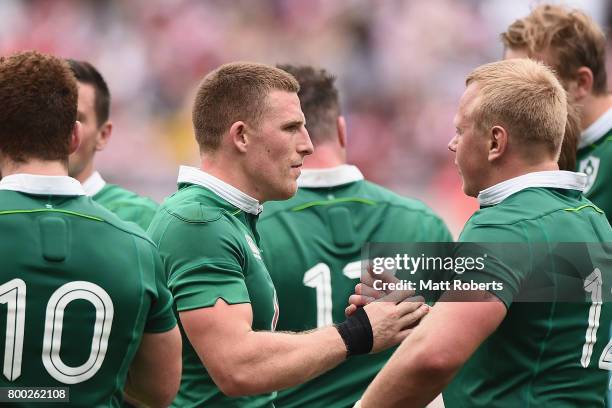 Andrew Conway of Ireland celebrates with Luke Marshall after winning the international rugby friendly match between Japan and Ireland at Ajinomoto...