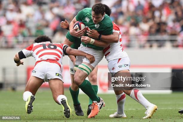 James Ryan of Ireland is tackled during the international rugby friendly match between Japan and Ireland at Ajinomoto Stadium on June 24, 2017 in...