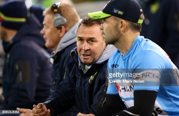 Raiders coach Ricky Stuart watches on from during the round 16 NRL match between the Canberra Raiders and the Brisbane Broncos at GIO Stadium on June...