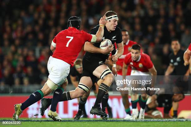 Brodie Retallick of the All Blacks makes a break during the Test match between the New Zealand All Blacks and the British & Irish Lions at Eden Park...