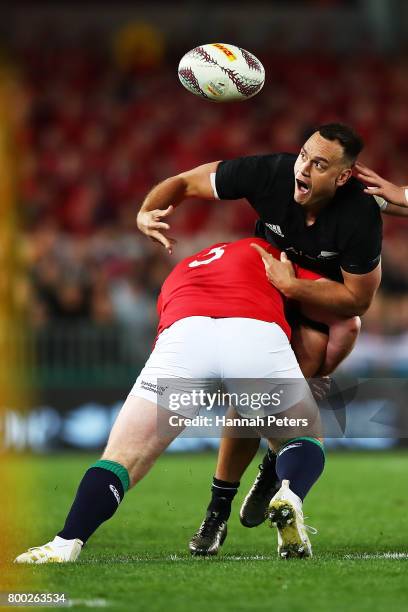 Israel Dagg of the All Blacks loses the ball during the Test match between the New Zealand All Blacks and the British & Irish Lions at Eden Park on...