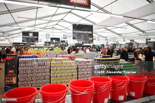 Genera view of a makeshift supermarket at the camp site of the Hurricane Festival 2017 after a night full of heavy rain and winds on June 24, 2017 in...