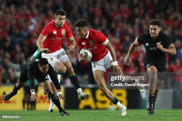 Anthony Watson of the Lions makes a break during the first test match between the New Zealand All Blacks and the British & Irish Lions at Eden Park...