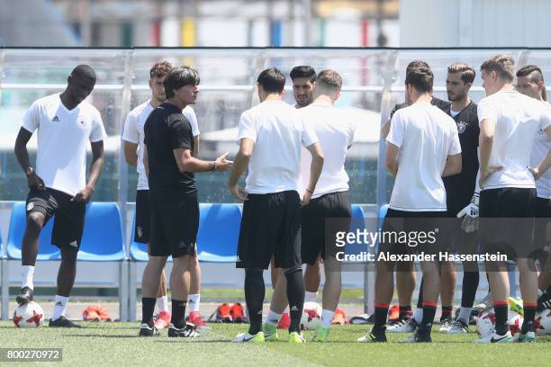 Jochim Loew, head coach of team Gtalks to his palyers prior to a Germany training session ahead of their FIFA Confederations Cup Russia 2017 Group B...