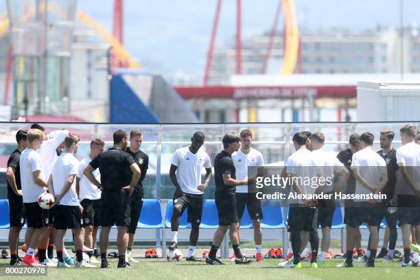Jochim Loew, head coach of team Gtalks to his palyers prior to a Germany training session ahead of their FIFA Confederations Cup Russia 2017 Group B...