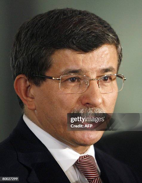 Chief foreign policy adviser to Turkish Prime Minister Tayyip Erdogan, Ahmet Davutoglu, speaks during a joint news conference with Iraqi Foreign...