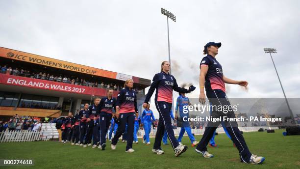 England Women's captain Heather Knight leads her team out before the start of play during the ICC Women's World Cup fixture at the County Ground,...