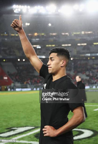 Rieko Ioane of the All Blacks gives the thumbs up after the first test match between the New Zealand All Blacks and the British & Irish Lions at Eden...