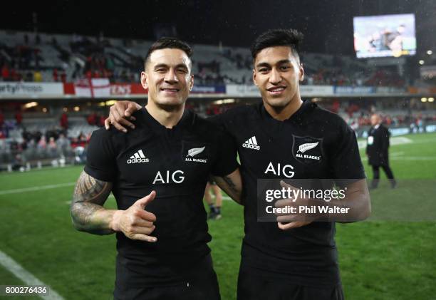 Sonny Bill Williams and Rieko Ioane of the All Blacks celebrate after the first test match between the New Zealand All Blacks and the British & Irish...