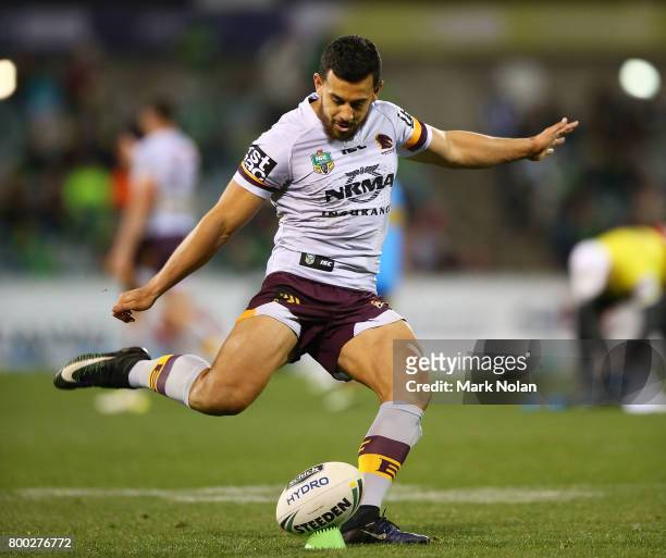 Jordan Kahu of the Broncos converts a try during the round 16 NRL match between the Canberra Raiders and the Brisbane Broncos at GIO Stadium on June...