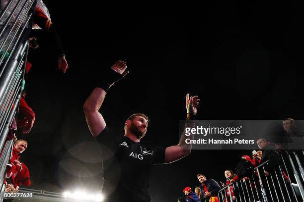 Kieran Read of the All Blacks thanks the crowd after winning the Test match between the New Zealand All Blacks and the British & Irish Lions at Eden...