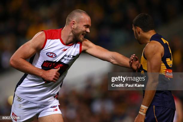 Max Gawn of the Demons remonstrates with Josh Hill of the Eagles during the round 14 AFL match between the West Coast Eagles and the Melbourne Demons...