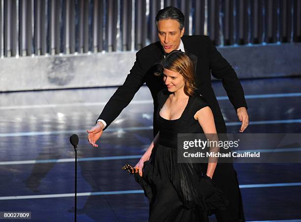 Musician Marketa Irglova and host Jon Stewart onstage during the 80th Annual Academy Awards at the Kodak Theatre on February 24, 2008 in Los Angeles,...