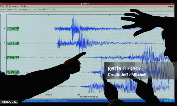 Staff at the British Geological Survey, in Edinburgh look at the graph showing the earthquake which occurred at Market Rasen in North East...