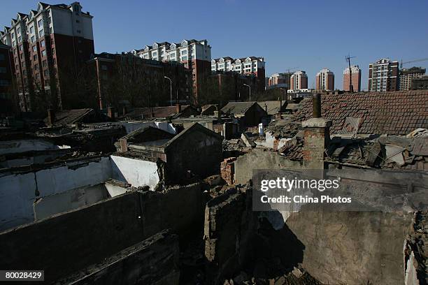 View of old houses to be demolished is seen at a shantytown near new properties on February 27, 2008 in Changchun of Jilin Province, China. According...
