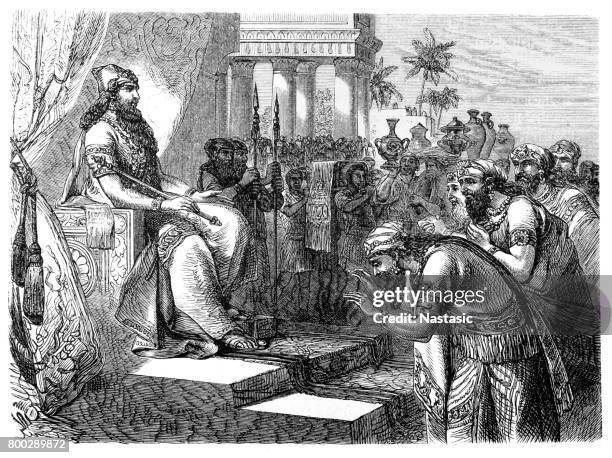 paying homage to an assyrian ruler - ancient babylon stock illustrations