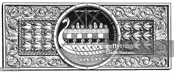 stockillustraties, clipart, cartoons en iconen met ornament met fenicische drukproef - phoenician ship