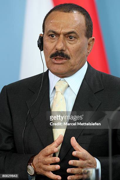 Yemeni President Ali Abdullah Saleh speaks to the press at the Chancellery on February 27, 2008 in Berlin, Germany. Saleh is on a two-day official...