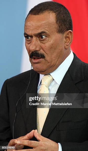 Yemeni President Ali Abdullah Saleh speaks to the press at the Chancellery on February 27, 2008 in Berlin, Germany. Saleh is on a two-day official...