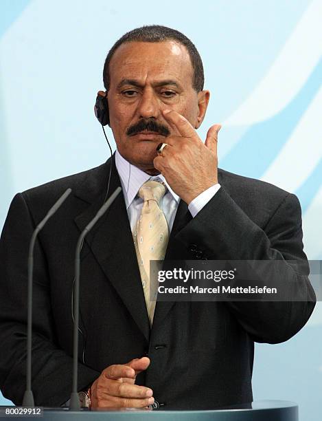 Yemeni President Ali Abdullah Saleh speaks to the press at the Chancellery on February 27, 2008 in Berlin, Germany. Saleh is on a two-day official...