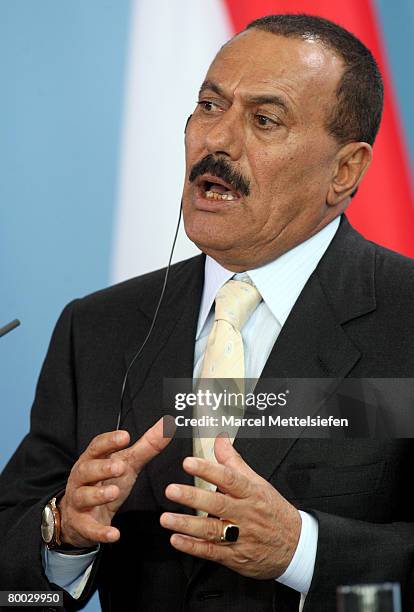 Yemeni President Ali Abdullah Saleh speaks to the press at the Chancellery on February 27, 2008 in Berlin, Germany. Saleh is on a two-day official...