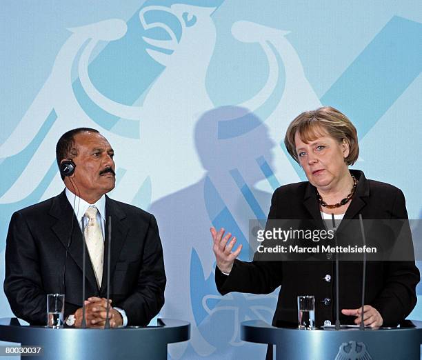 Yemeni President Ali Abdullah Saleh listens Chancellor Angela Merkel during her speech at the Chancellery on February 27, 2008 in Berlin, Germany....