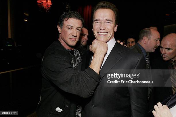 Sylvester Stallone and Governor Arnold Schwarzenegger at the Lionsgate World Premiere of 'Rambo' on January 24, 2008 at Planet Hollywood Resort and...