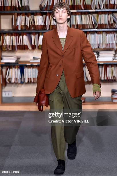 Model walks the runway during the Dries Van Noten Menswear Spring/Summer 2018 show as part of Paris Fashion Week on June 22, 2017 in Paris, France.