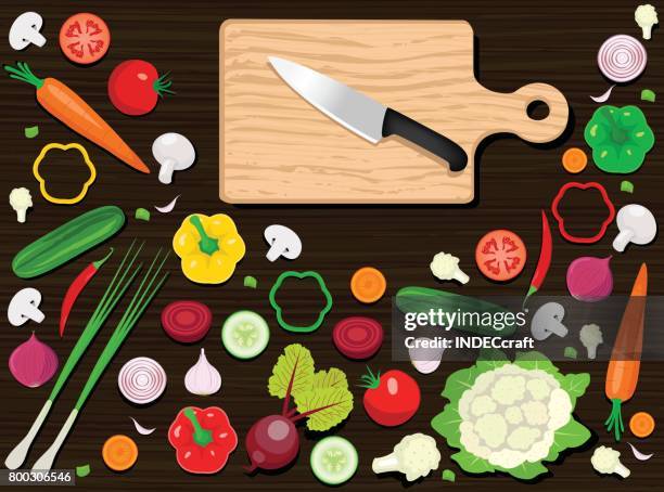 vegetables with cutting board - chopping board stock illustrations