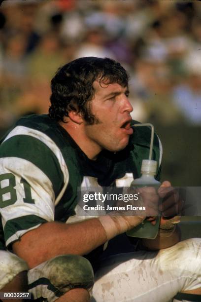 Defensive end Gerry Philbin of the New York Jets watches from the sideline against the Los Angeles Rams at the Los Angeles Memorial Coliseum on...