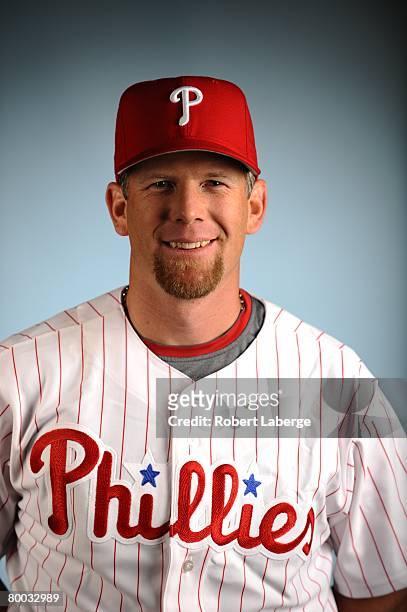 Geoff Jenkins of the Philadelphia Phillies poses for a portrait during the spring training photo day on February 21, 2008 at Bright House Field in...