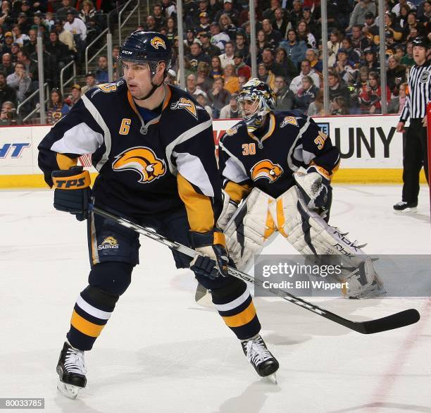 Jaroslav Spacek and Ryan Miller of the Buffalo Sabres defends against the Philadelphia Flyers on February 25, 2008 at HSBC Arena in Buffalo, New York.