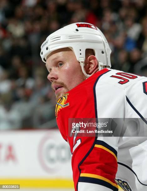 Olli Jokinen of the Florida Panthers looks on a NHL game against the Philadelphia Flyers on February 23, 2008 at the Wachovia Center in Philadelphia,...