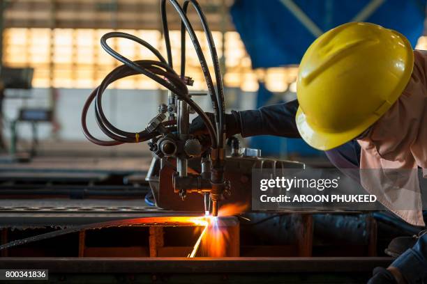 plasma cutting process of metal material with sparks - laser cutting stock pictures, royalty-free photos & images