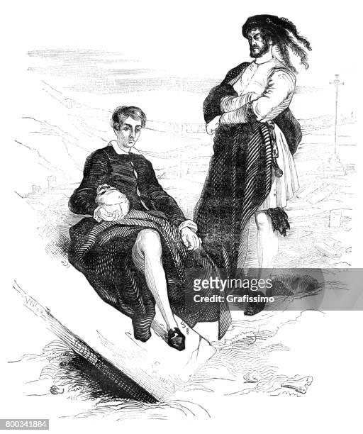 shakespeare hamlet and horatio with skull 1837 - hamlet actor stock illustrations
