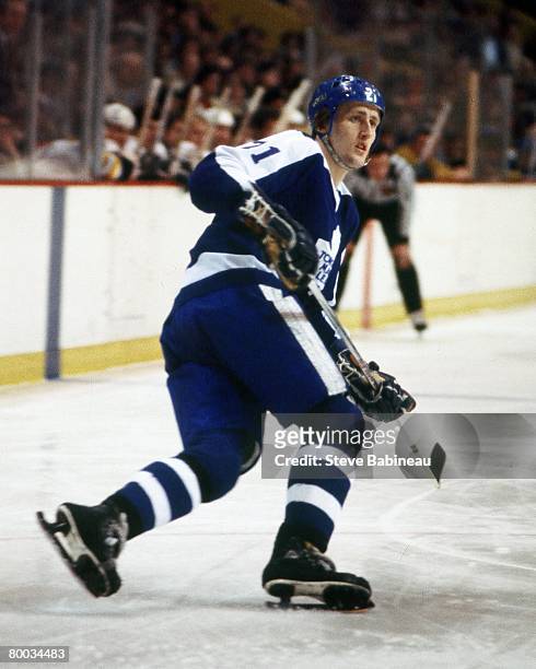 Borje Salming of the Toronto Maple Leafs skates in game against the Boston Bruins at Boston Garden.
