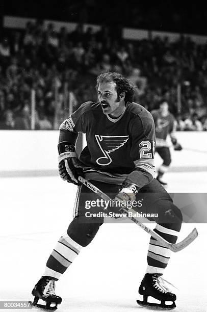 Chuck Lefley of the St. Louis Blues skates in game against the Boston Bruins at Boston Garden.